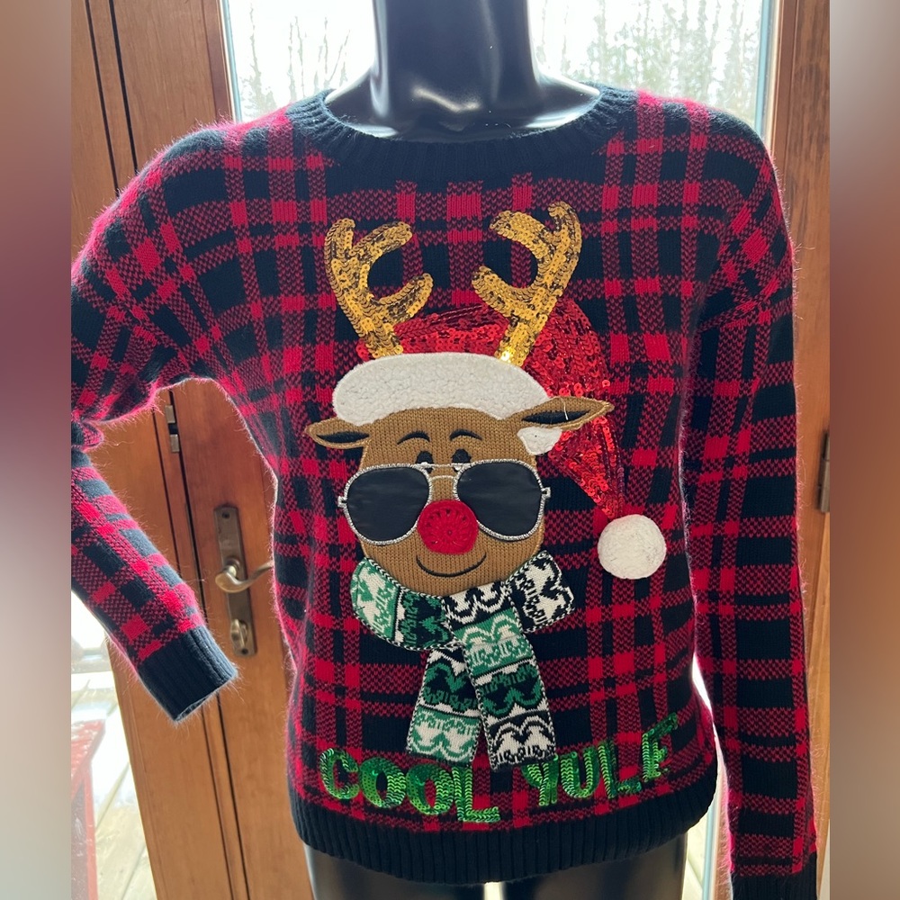 Love‎ Always Christmas Reindeer "Cool Yule" Sequin Plaid Red Sweater Size Medium